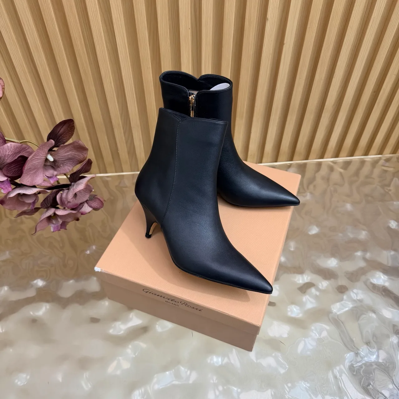 Gianvito Rossi Glossy Pointed-Toe Ankle Boots in Black · view 2