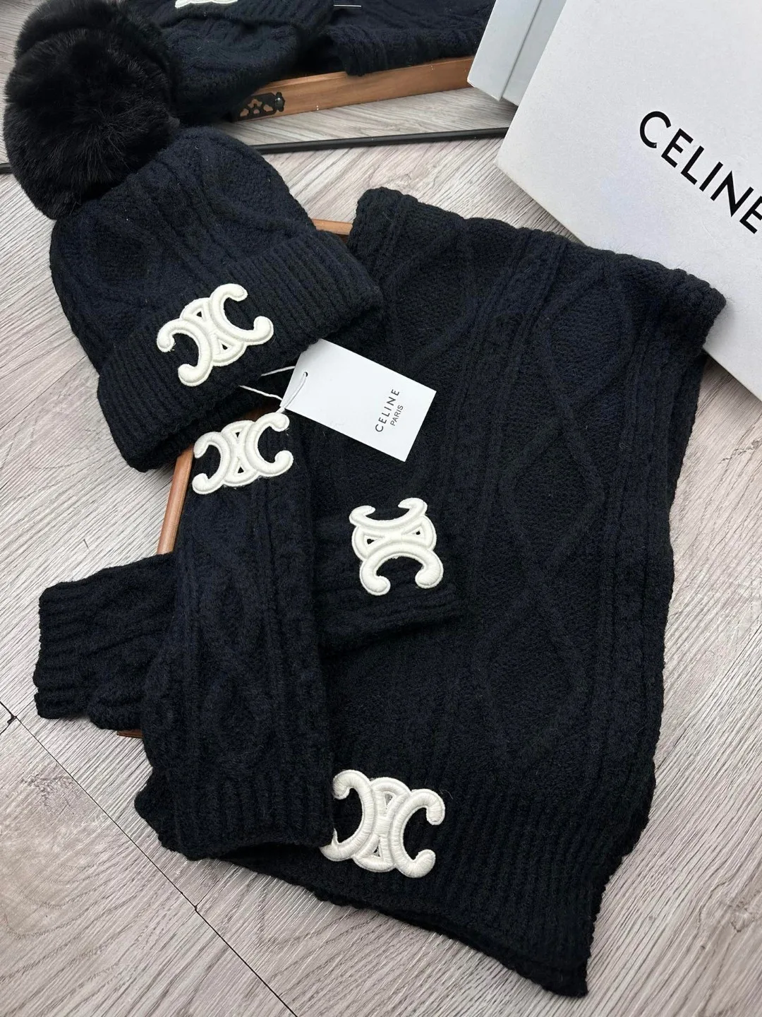 Celine 50% Wool 50% Acrylic Embroidered 3-Piece Set (Hat, Scarf & Gloves) in Black · view 4