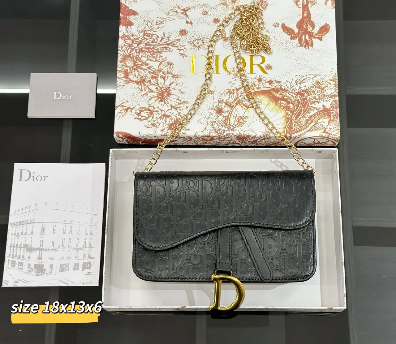 Dior Saddle-Style Chain Wallet in White / Black / Grey / Blue · view 7
