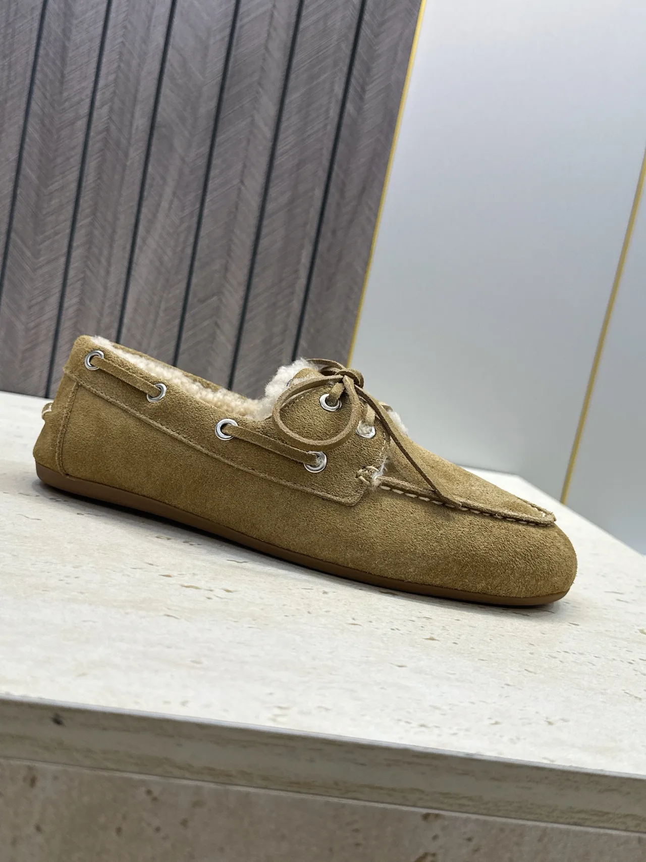 Miu Miu Calfskin Suede-Look Round-Toe Lace-Up Lined Moccasins in Brown · view 6