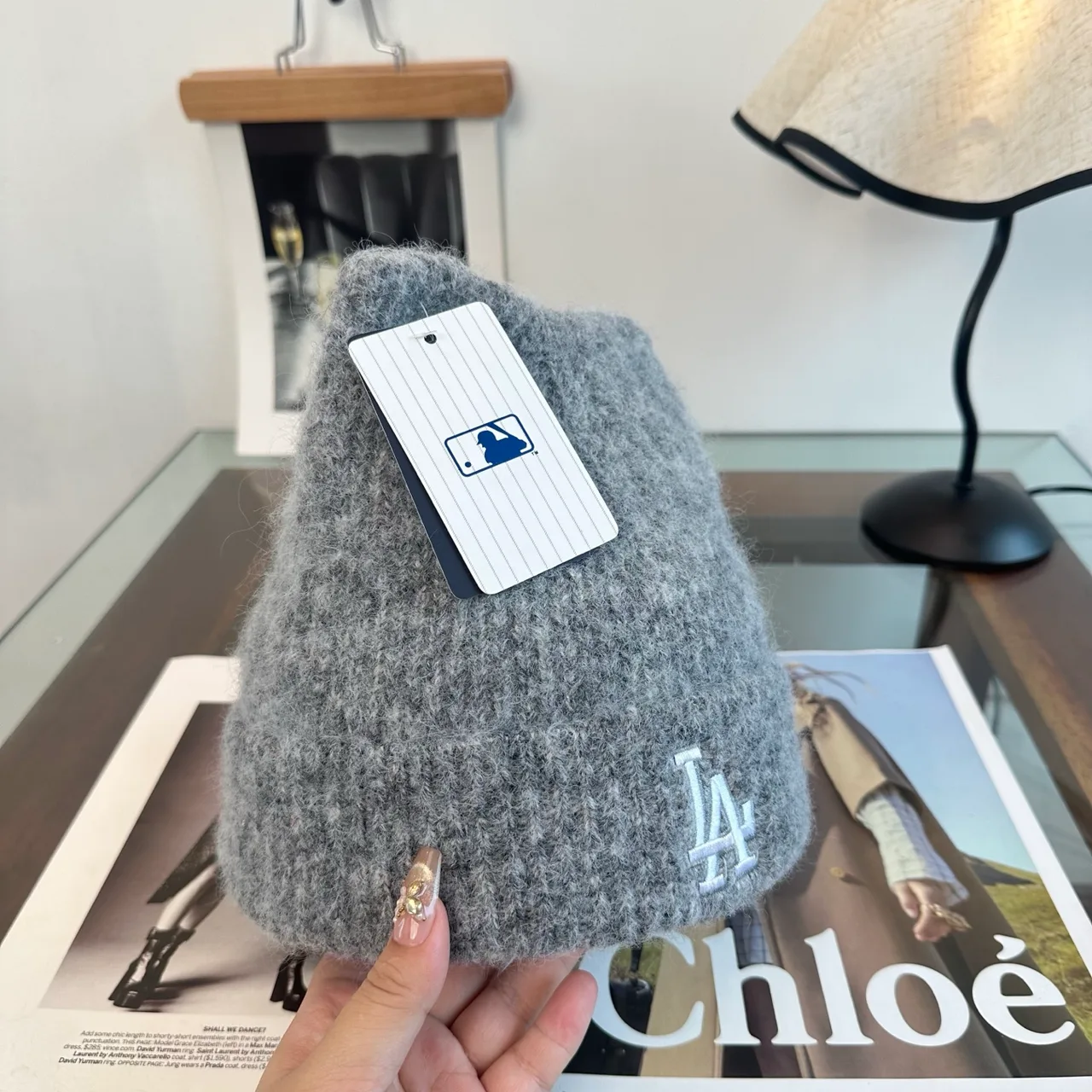 LA Letter Fuzzy Knit Beanie in Grey · view 2
