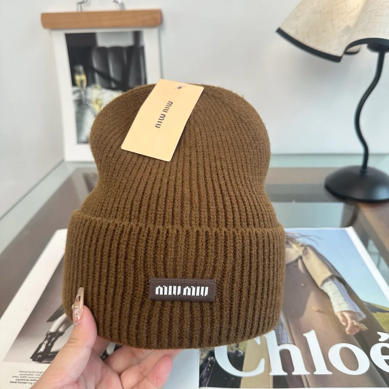 Miu Miu Ribbed Beanie in Brown · view 5