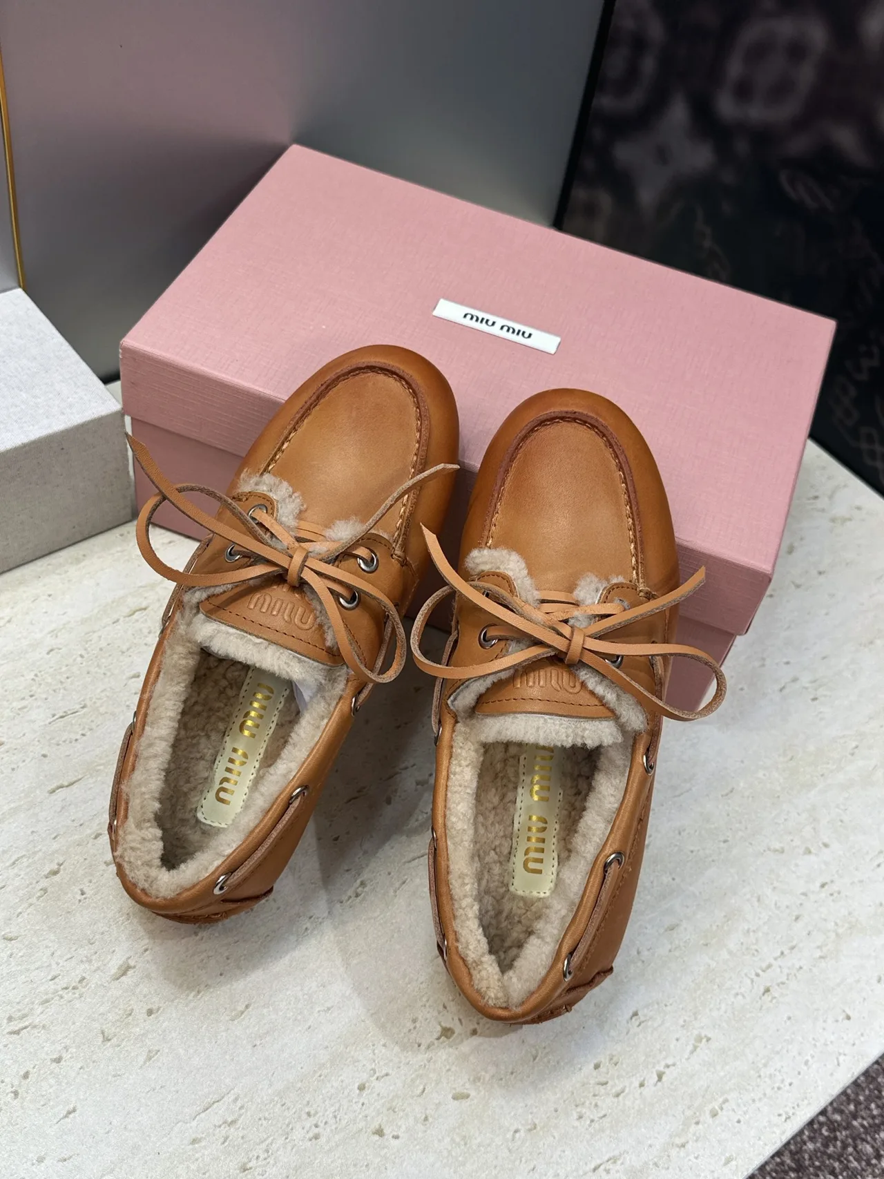Miu Miu Calfskin Smooth Loafers in Tan · view 4
