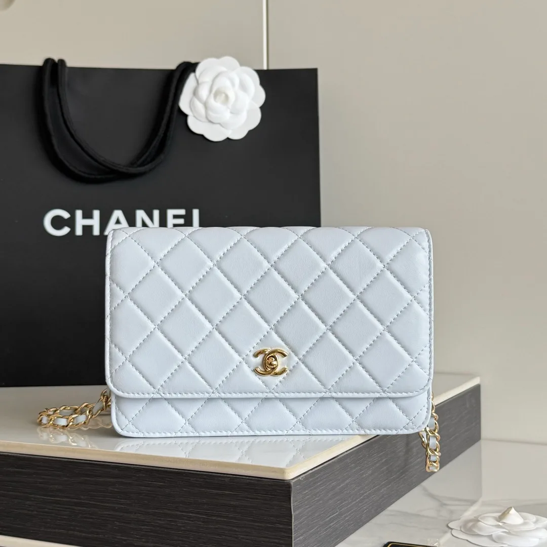 Chanel Calfskin Quilted Chain Wallet in Blue · view 2