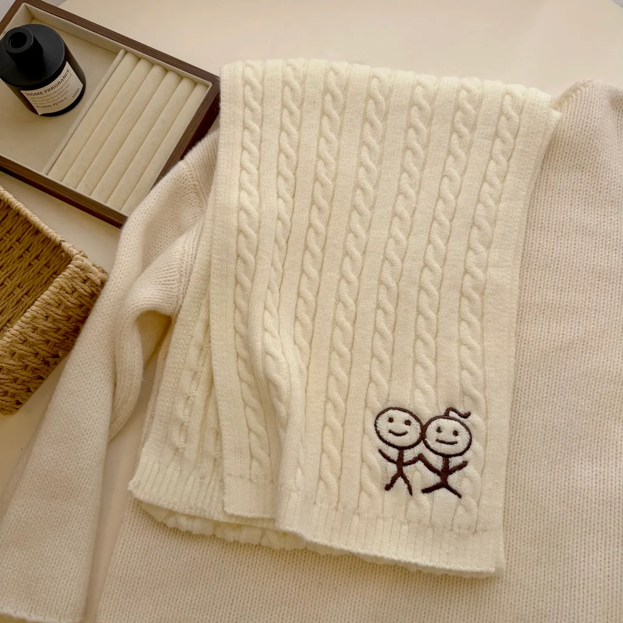 Embroidered Stick-Figure Cable-Knit Scarf in White · view 1