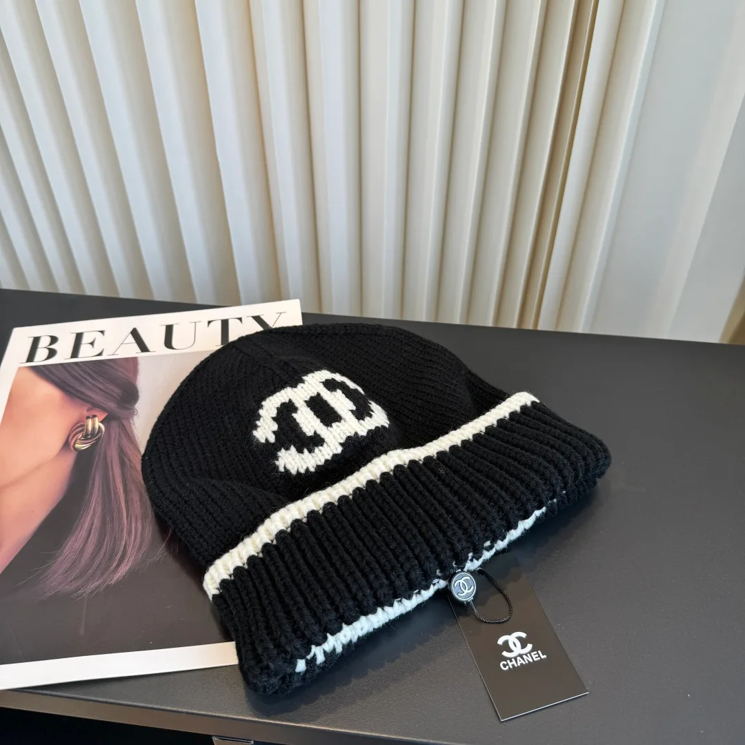 Chanel Ribbed Striped Beanie in Black · view 1