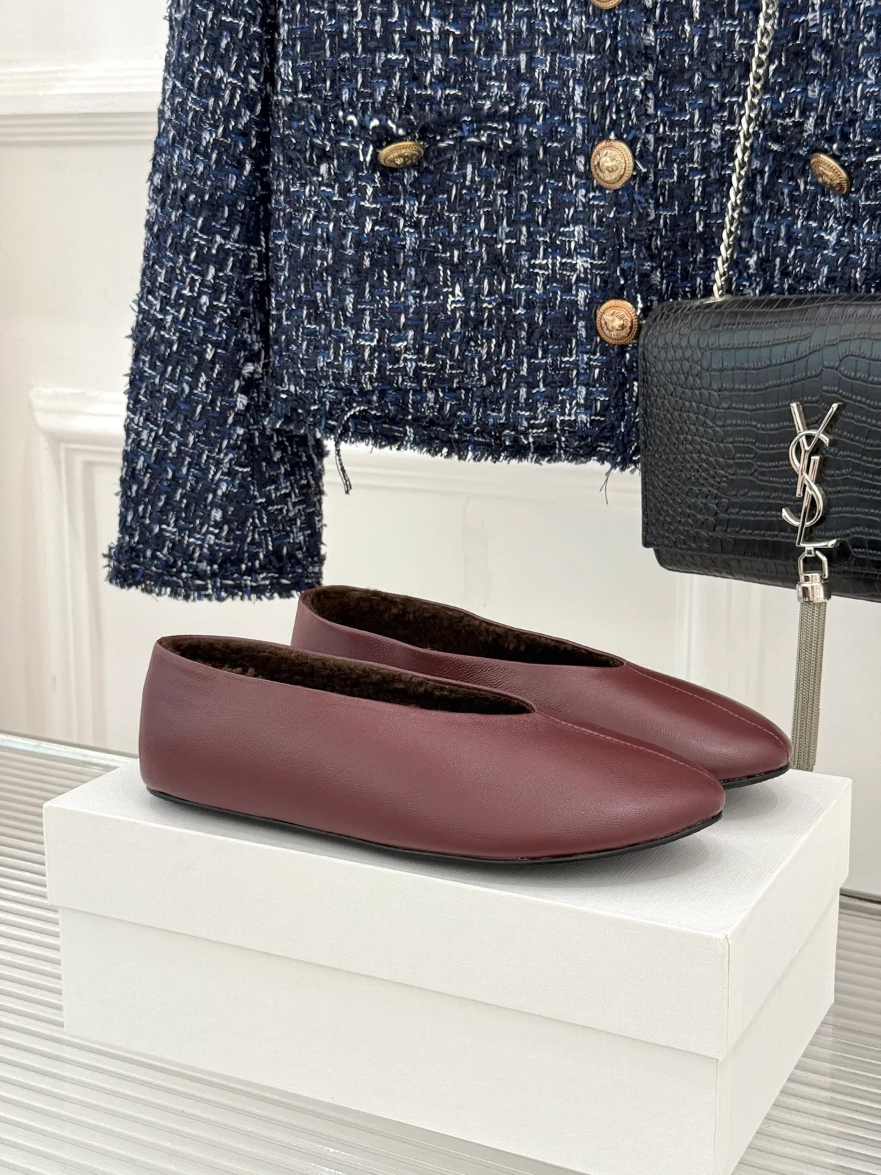The Row Smooth Square-Toe Lined Ballet Flats in Burgundy · view 1