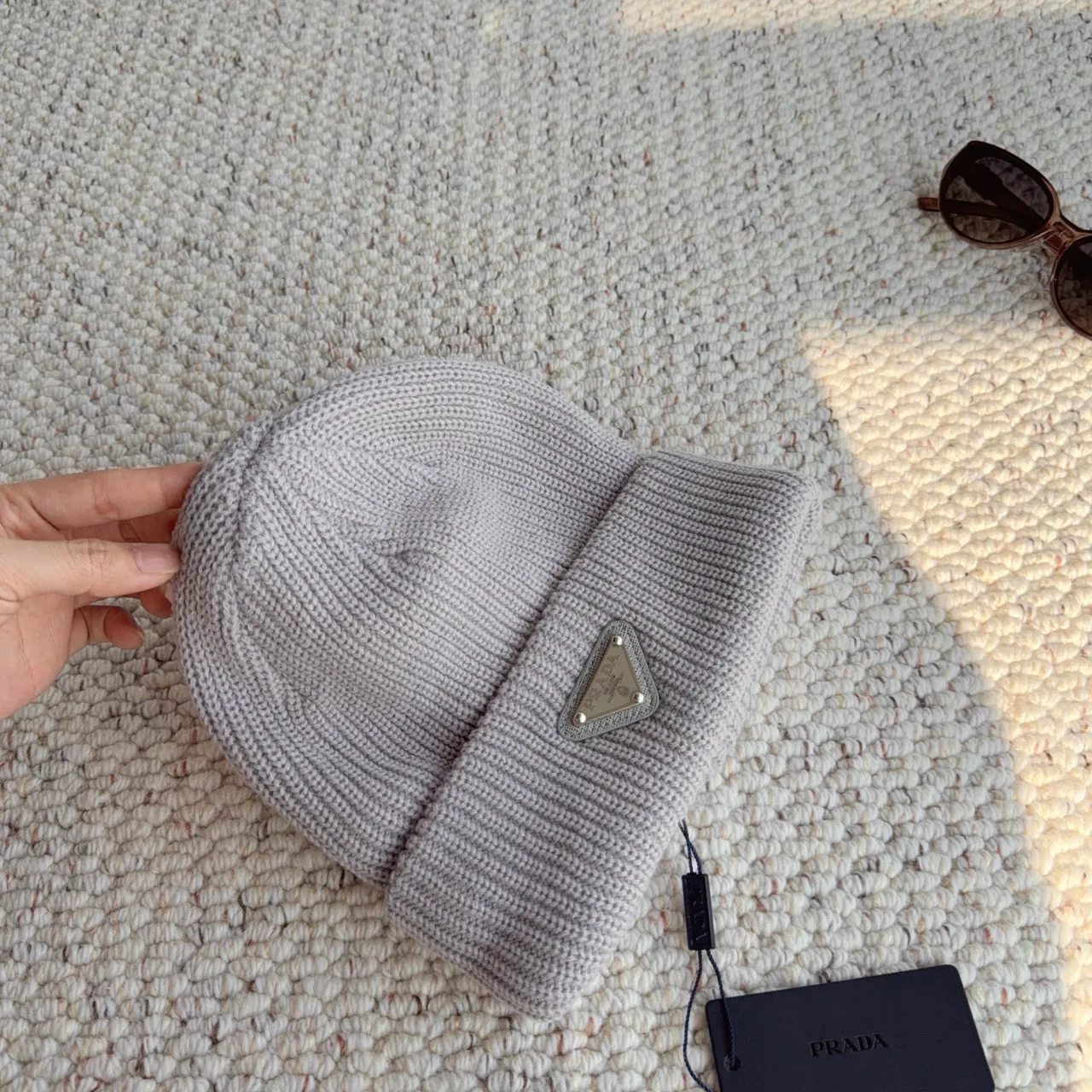 Prada Ribbed Knit Beanie in Grey · view 1