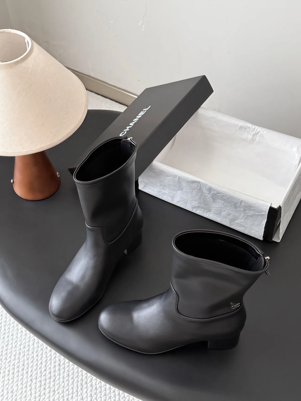 Chanel Sheepskin Glossy Round-Toe Boots in Black · view 4