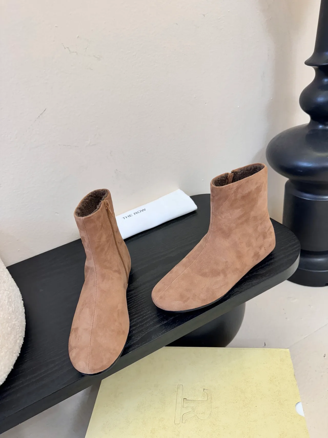 The Row Glossy Suede-Look Round-Toe Shearling Ankle Boots in Grey · view 3