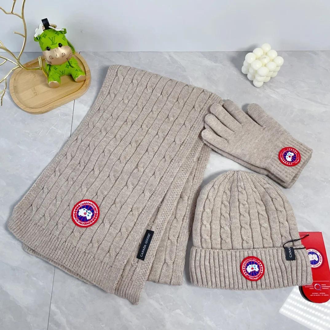 Canada Goose Wool Ribbed Hat Scarf and Gloves Set in Beige · view 1