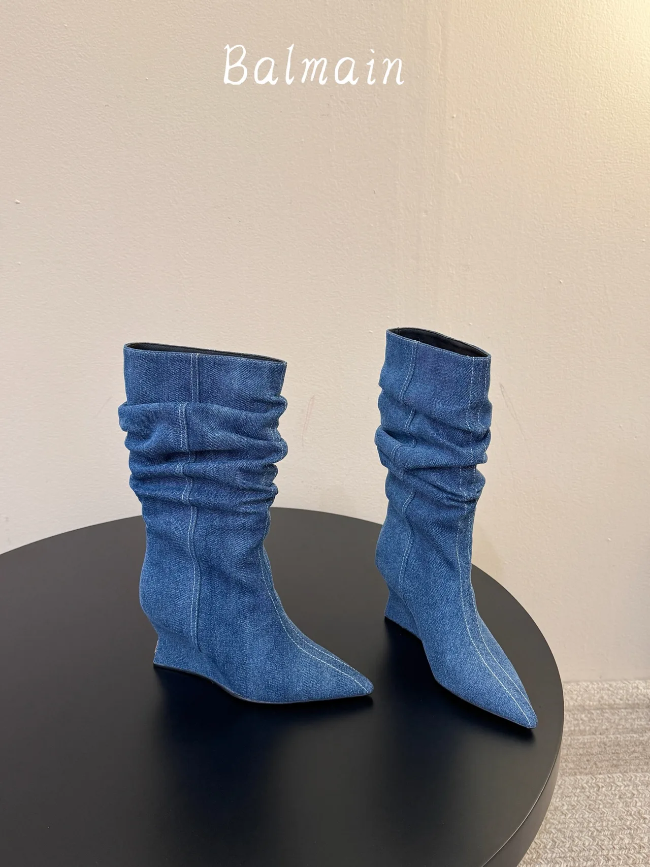 Balmain Denim Ribbed Pointed-Toe Ankle Boots in Blue · view 4