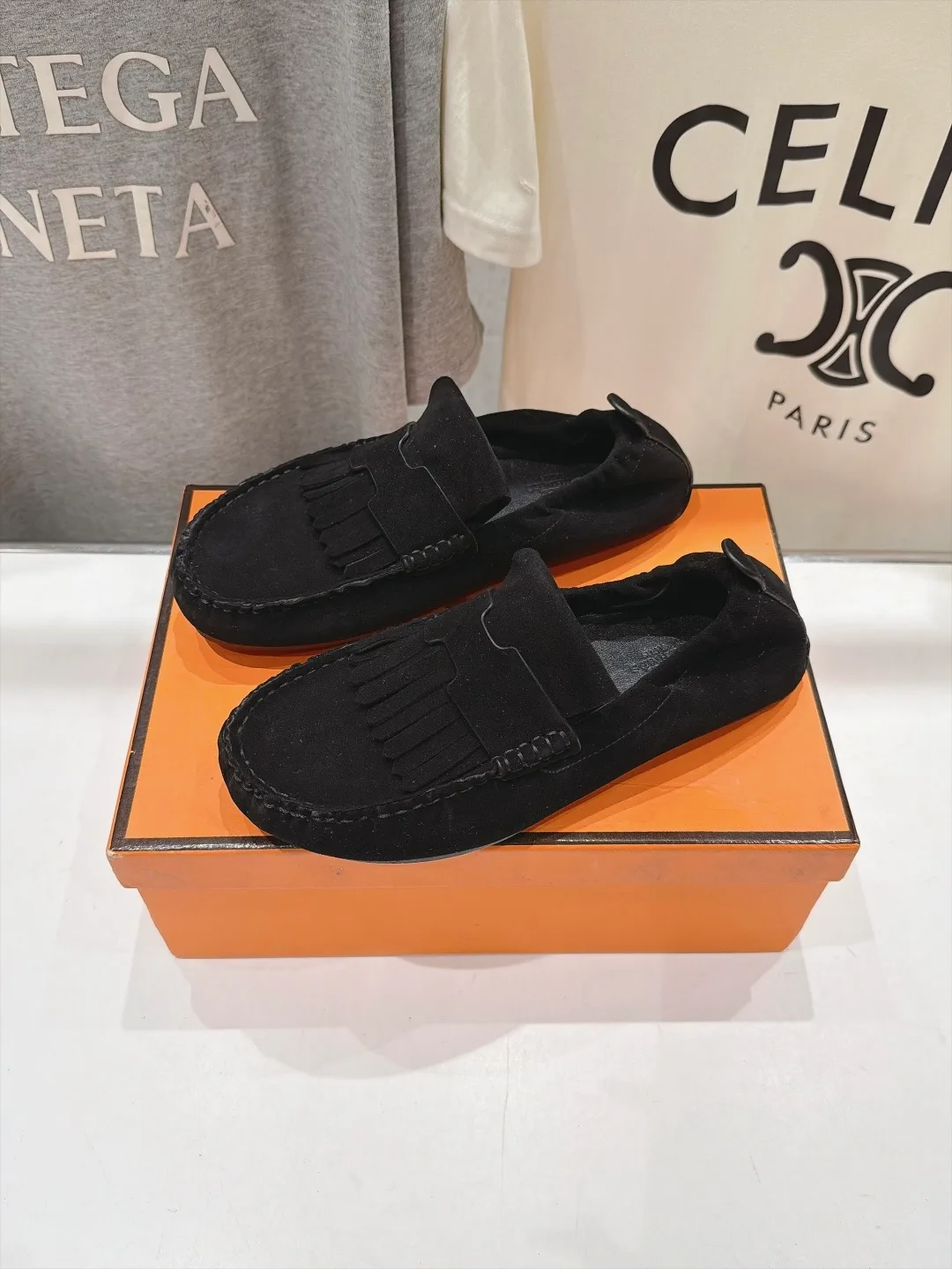 Celine Suede-Look Round-Toe Loafers in Black · view 4