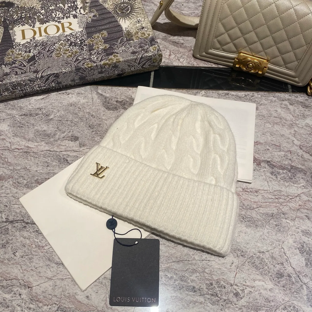 Louis Vuitton Cable-Knit LV Beanie in Grey & Cream & Pink & White & Tan & Burgundy & Blue & Black · view 4