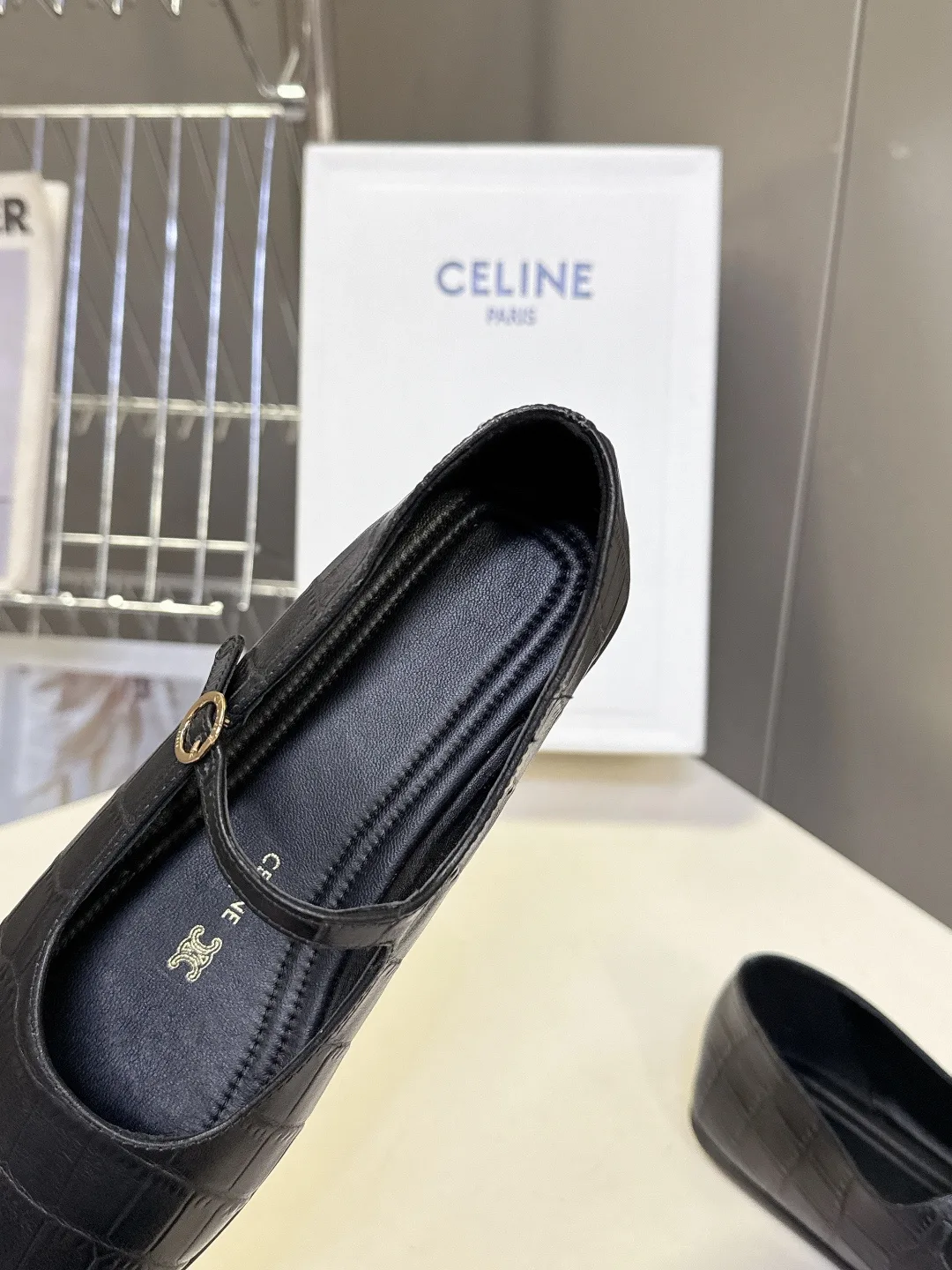 Celine Calfskin Glossy Square-Toe Buckle Shoes in Black · view 8