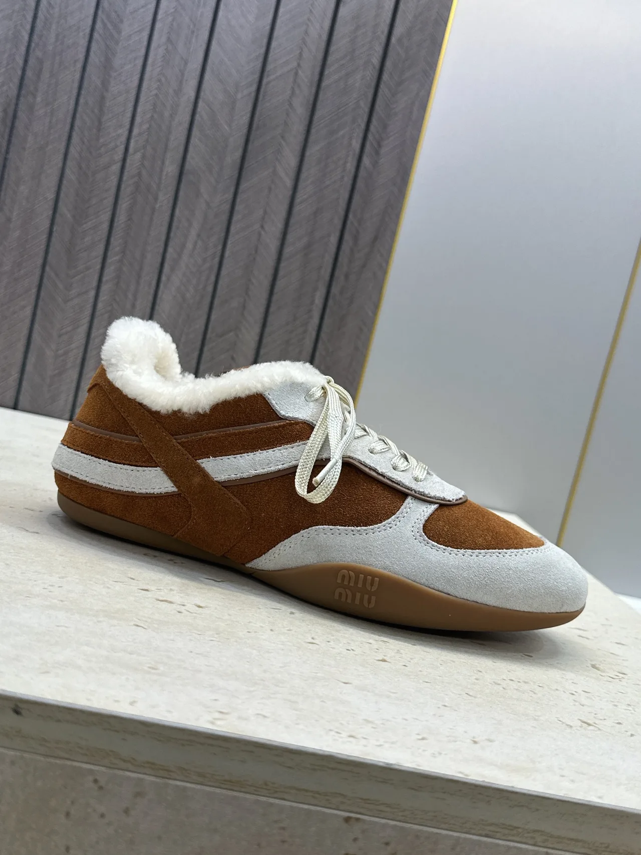 Miu Miu Striped Suede-Look Round-Toe Sneakers in Brown · view 6