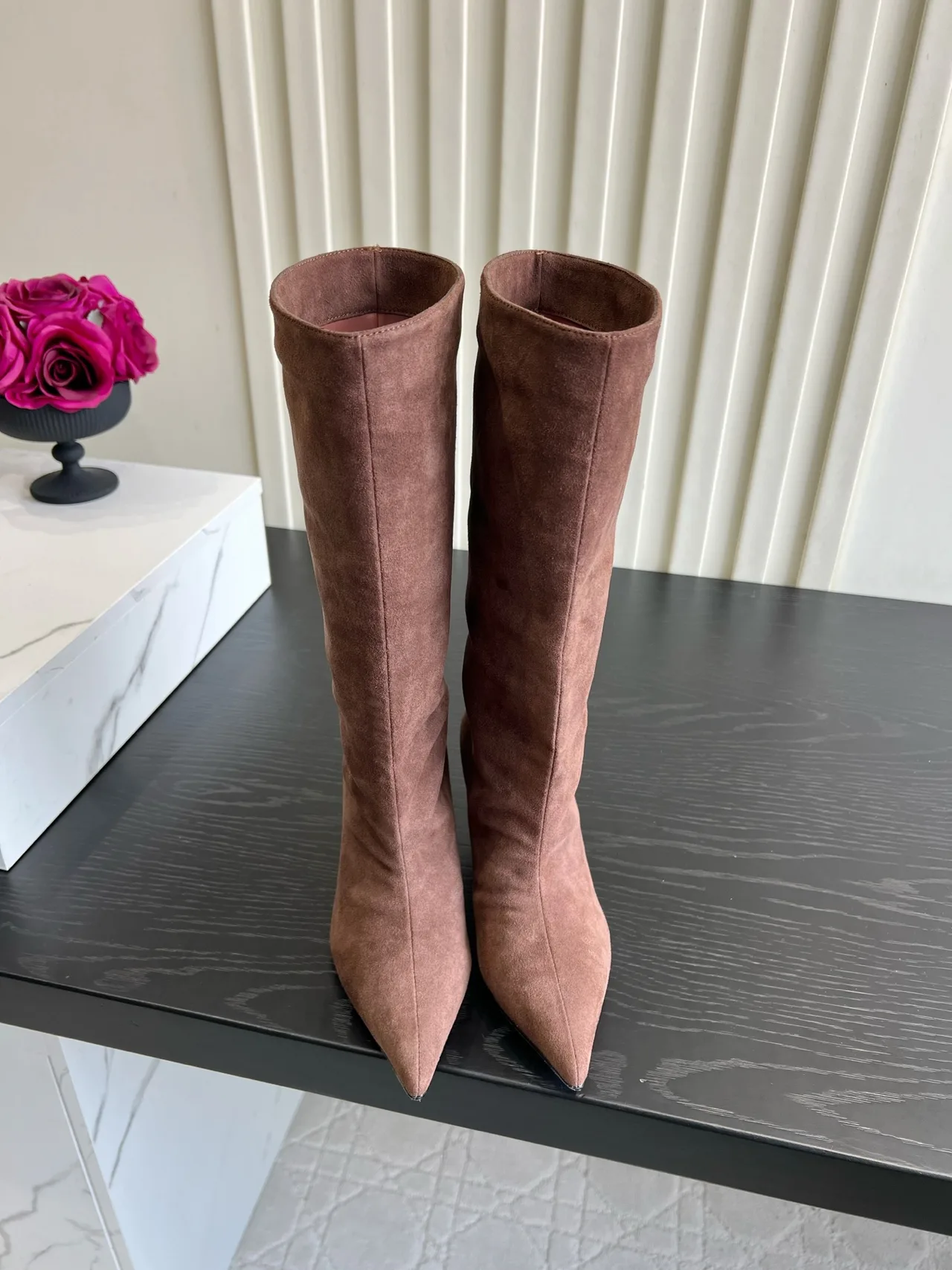 Amina Muaddi Cowhide Glossy Suede-Look Pointed-Toe Pointed Knee-High Boots in Pink · view 1