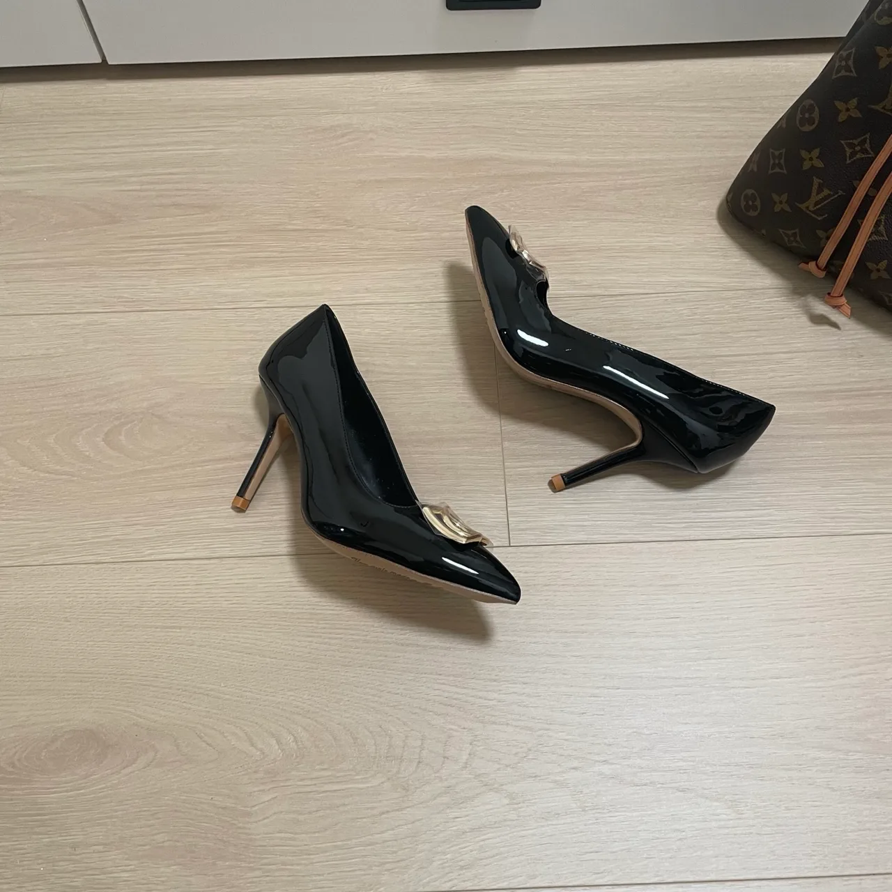 Dolce & Gabbana Sheepskin Patent Leather DG Pointed Heel Pumps in Black · view 7