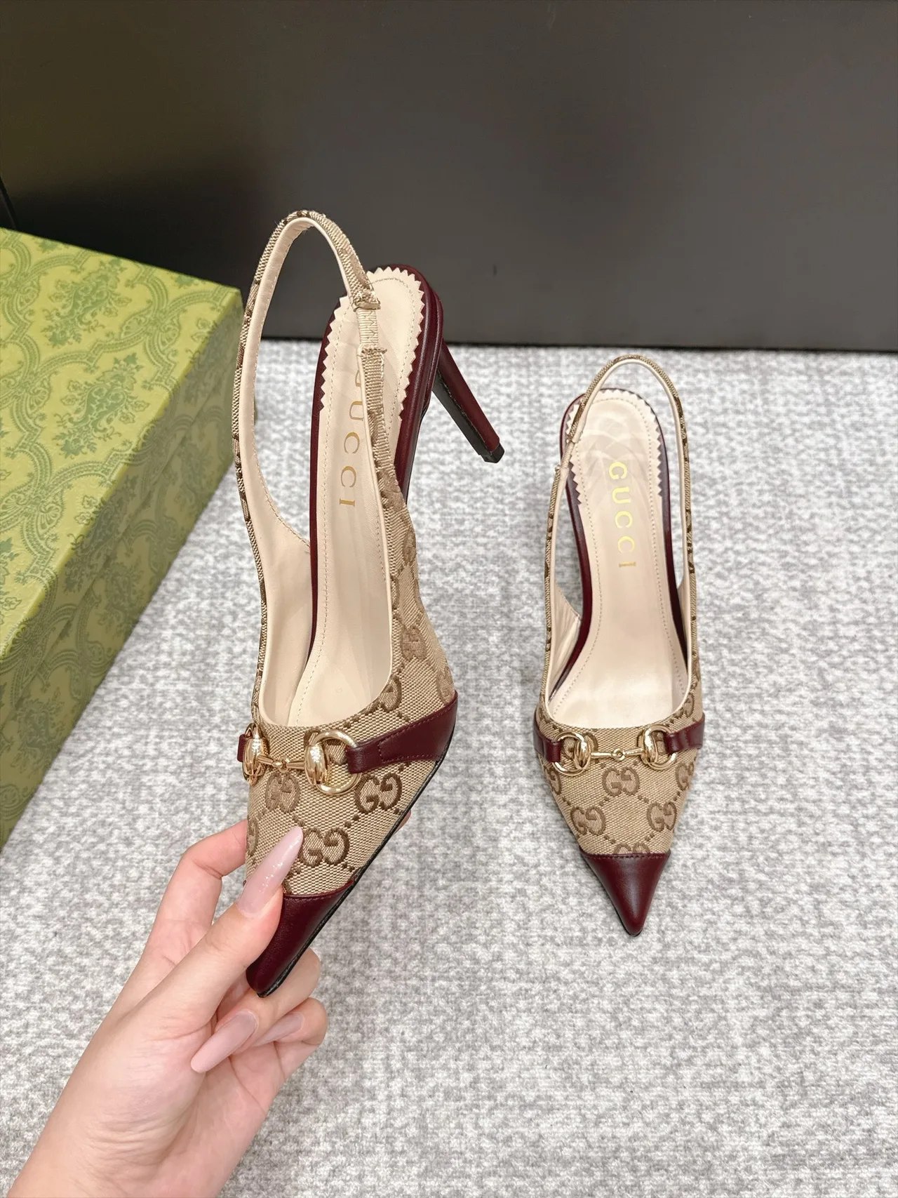 Gucci Glossy Pointed-Toe Monogram Slingback Pumps in Beige · view 4