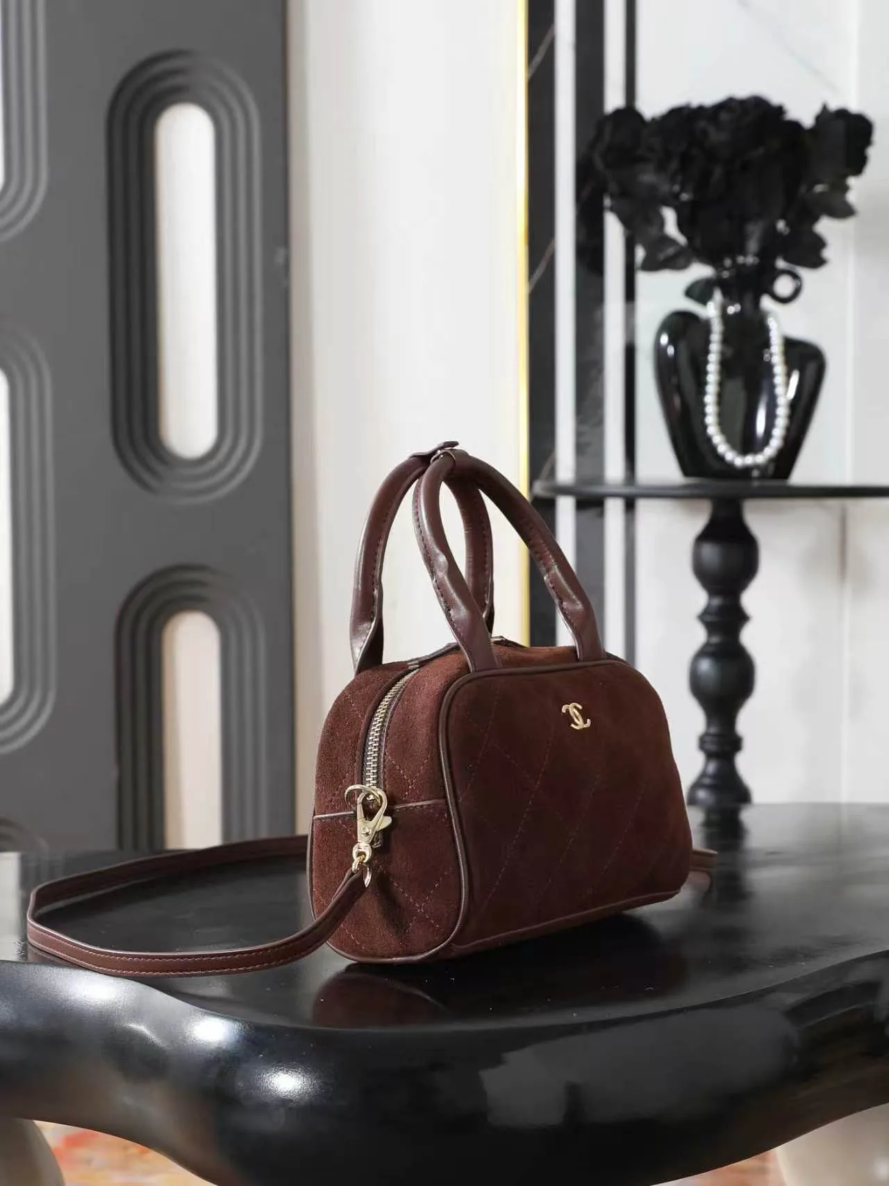 Chanel Quilted Glossy Top-Handle Bag in Brown · view 3