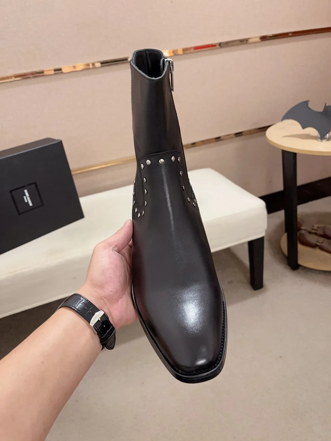 Saint Laurent Cowhide Glossy Pointed-Toe Ankle Boots in Black · view 2