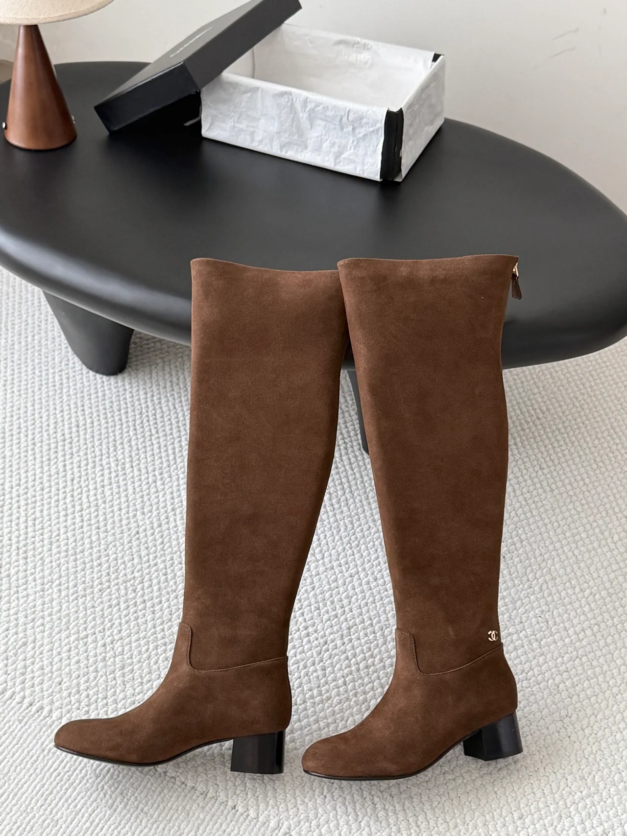 Chanel Sheepskin Glossy Suede-Look Pointed-Toe Knee-High Boots in Brown · view 6