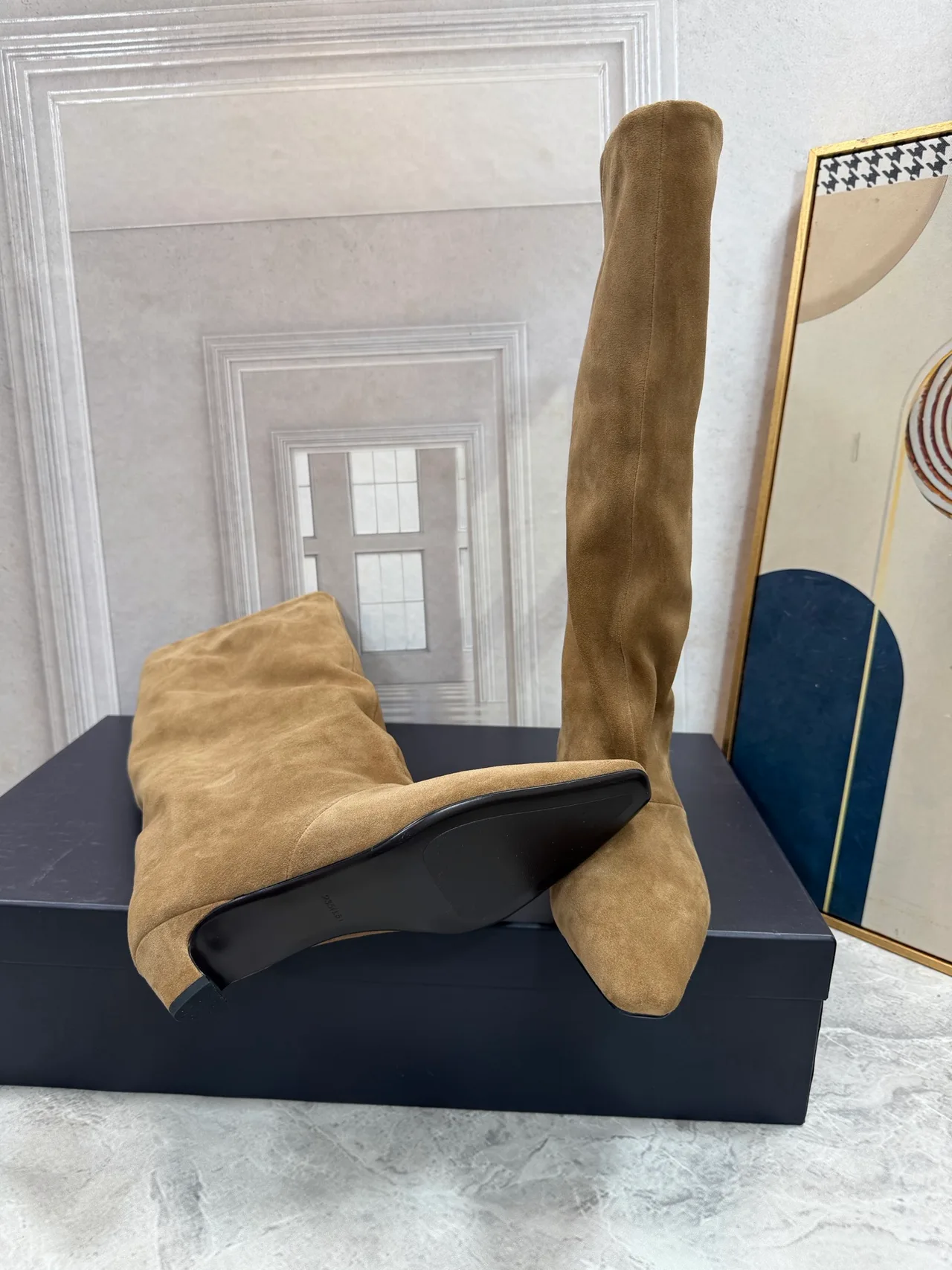 Suede-Look Pointed-Toe Round-Toe Knee-High Block-Heel Boots in Brown · view 7