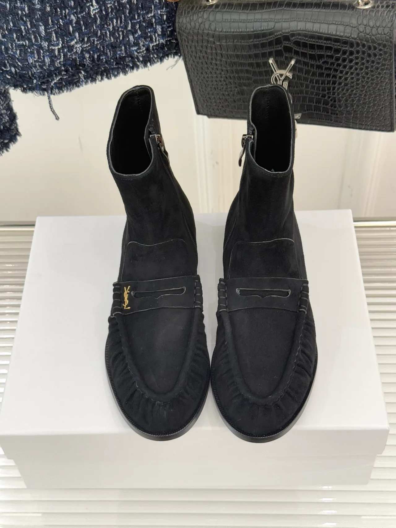 Saint Laurent Glossy Suede-Look Round-Toe Ankle Boots in Black · view 4