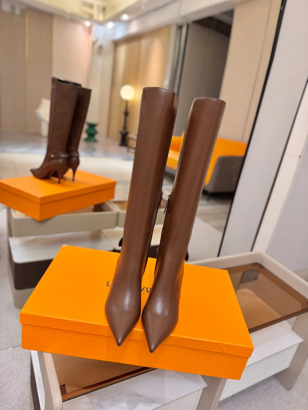 Louis Vuitton Calfskin Knee-High Stiletto Boots in Brown · view 5