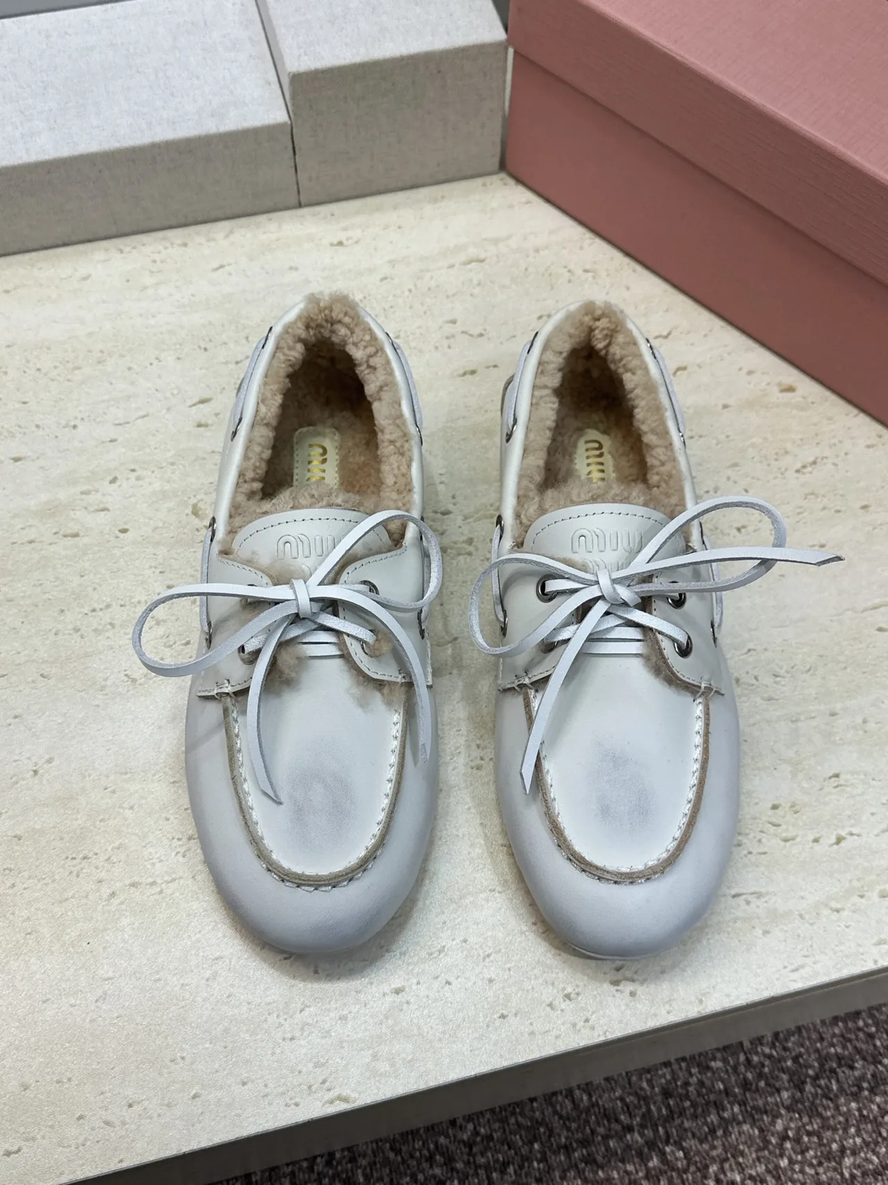 Miu Miu Calfskin Boat Shoes in White · view 2
