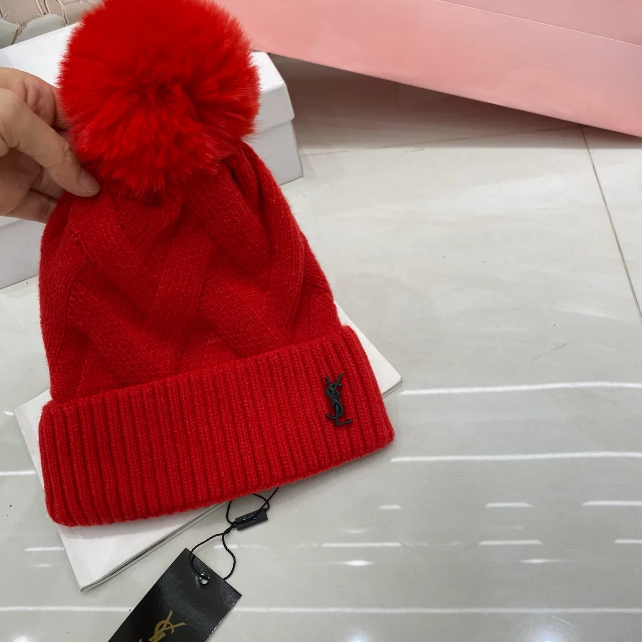 Saint Laurent Cable Pom Beanie in Black & White & Beige & Brown & Pink & Grey & Red · view 7