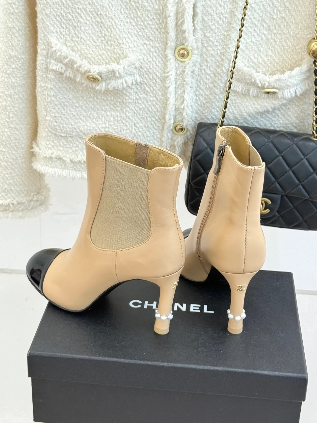 Chanel Lambskin Glossy Ankle Boots in Beige · view 5