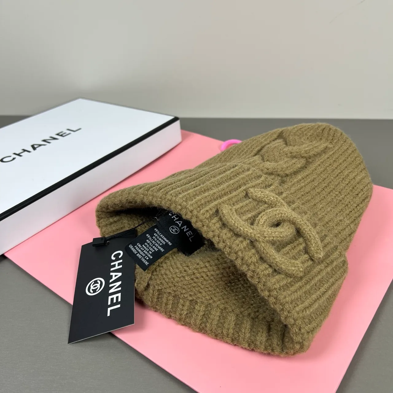 Chanel Raised CC Knit Beanie in Green & Grey & Red & Blue & White · view 8