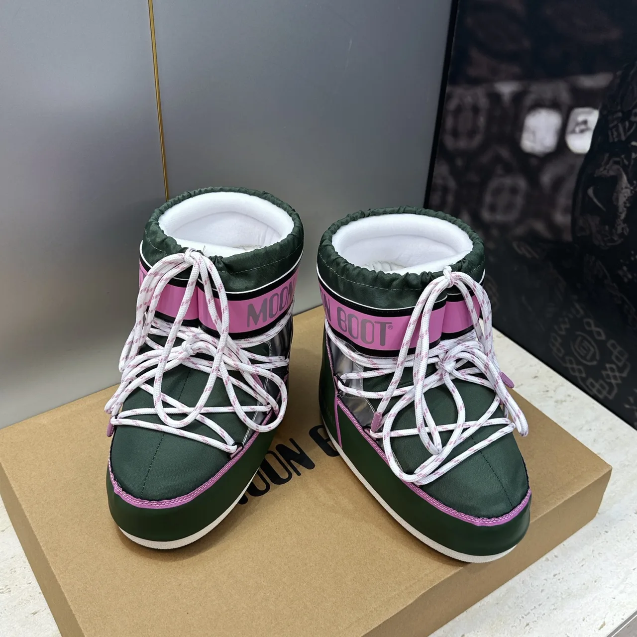 Moon Boot Quilted Striped Lace-Up Snow Boots in Green · view 2
