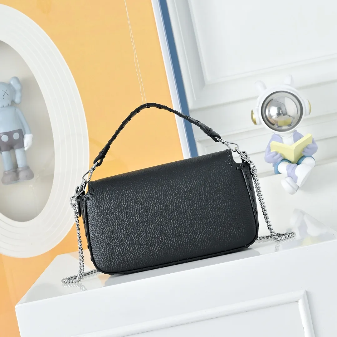 Fendi Baguette Textured Flap Shoulder Bag in Black · view 3
