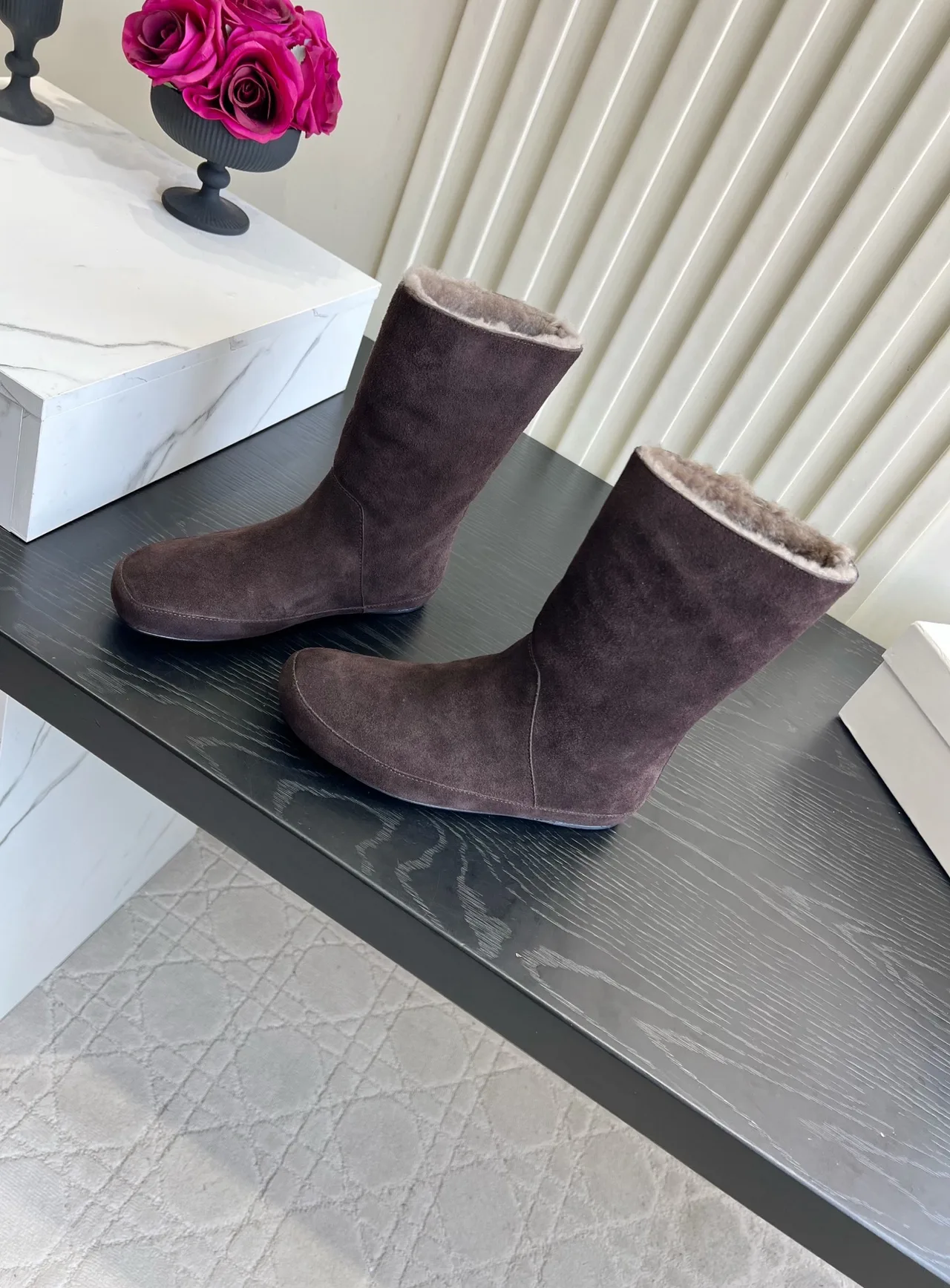 The Row Cowhide Suede-Look Fur-Lined Mid-Calf Boots in Brown · view 2