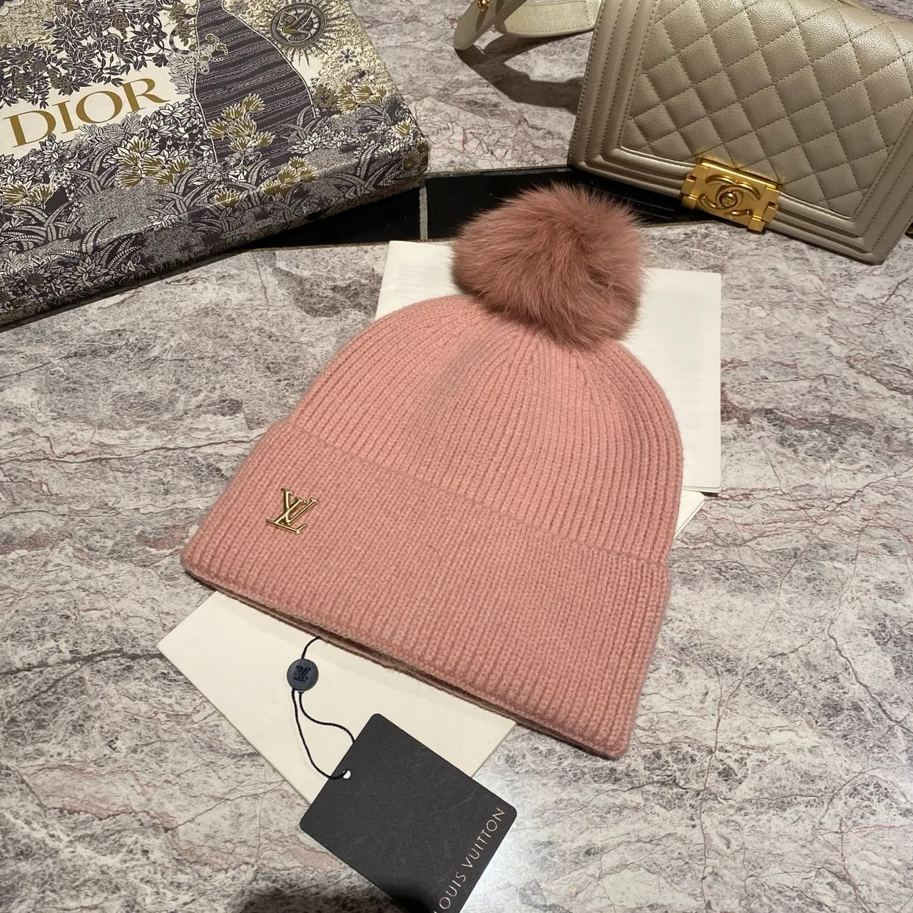 Louis Vuitton Pom-Pom Beanie in Black & White & Blue & Pink & Beige & Grey & Cream & Burgundy & Red & Tan · view 4