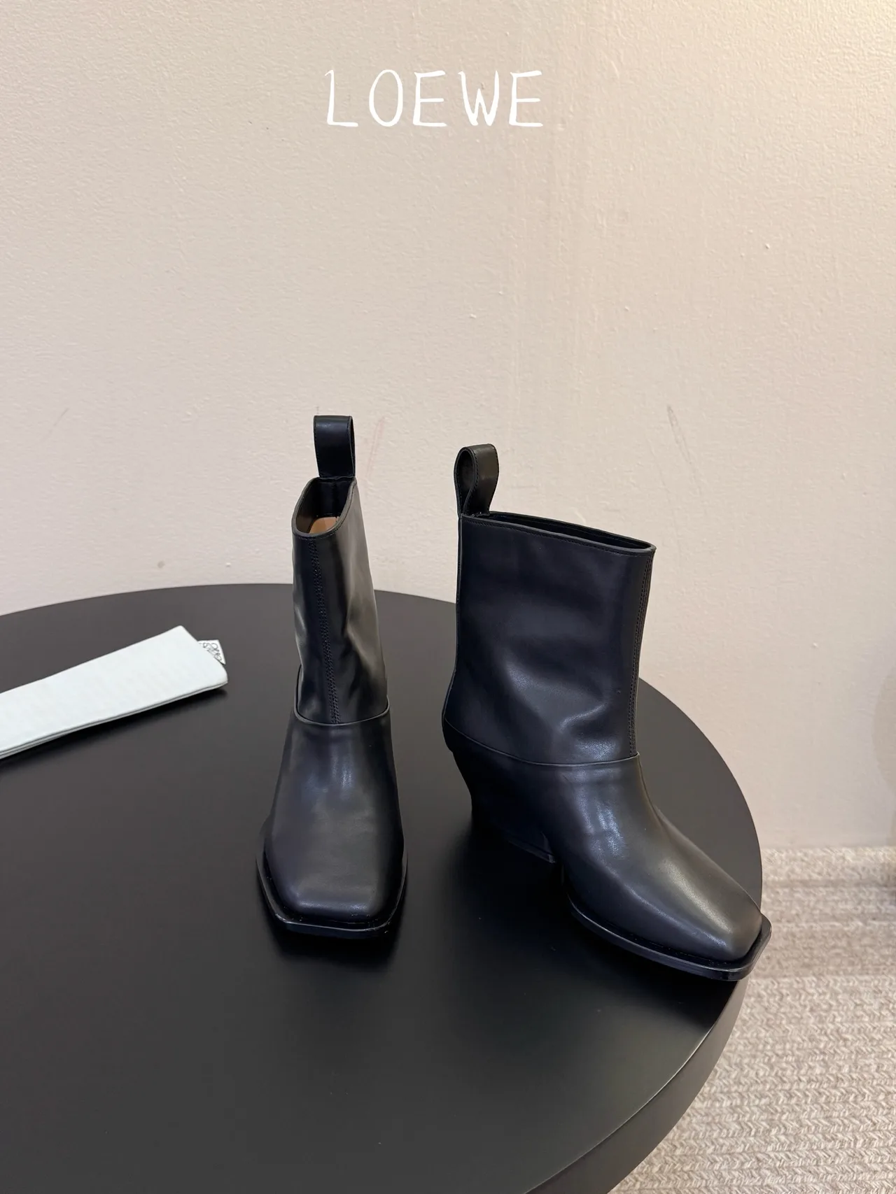 Loewe Cowhide Glossy Square-Toe Ankle Boots in Black · view 2