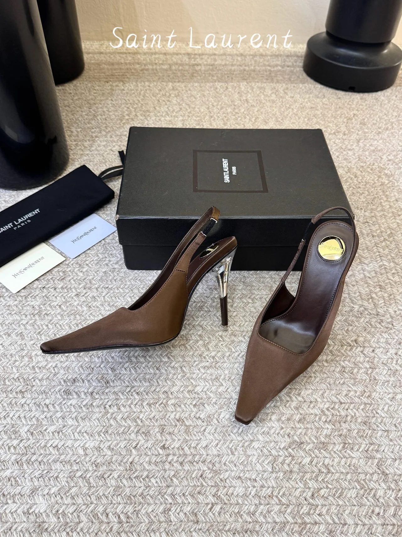 Saint Laurent Square-Toe Pointed Slingback Pumps in Brown · view 3