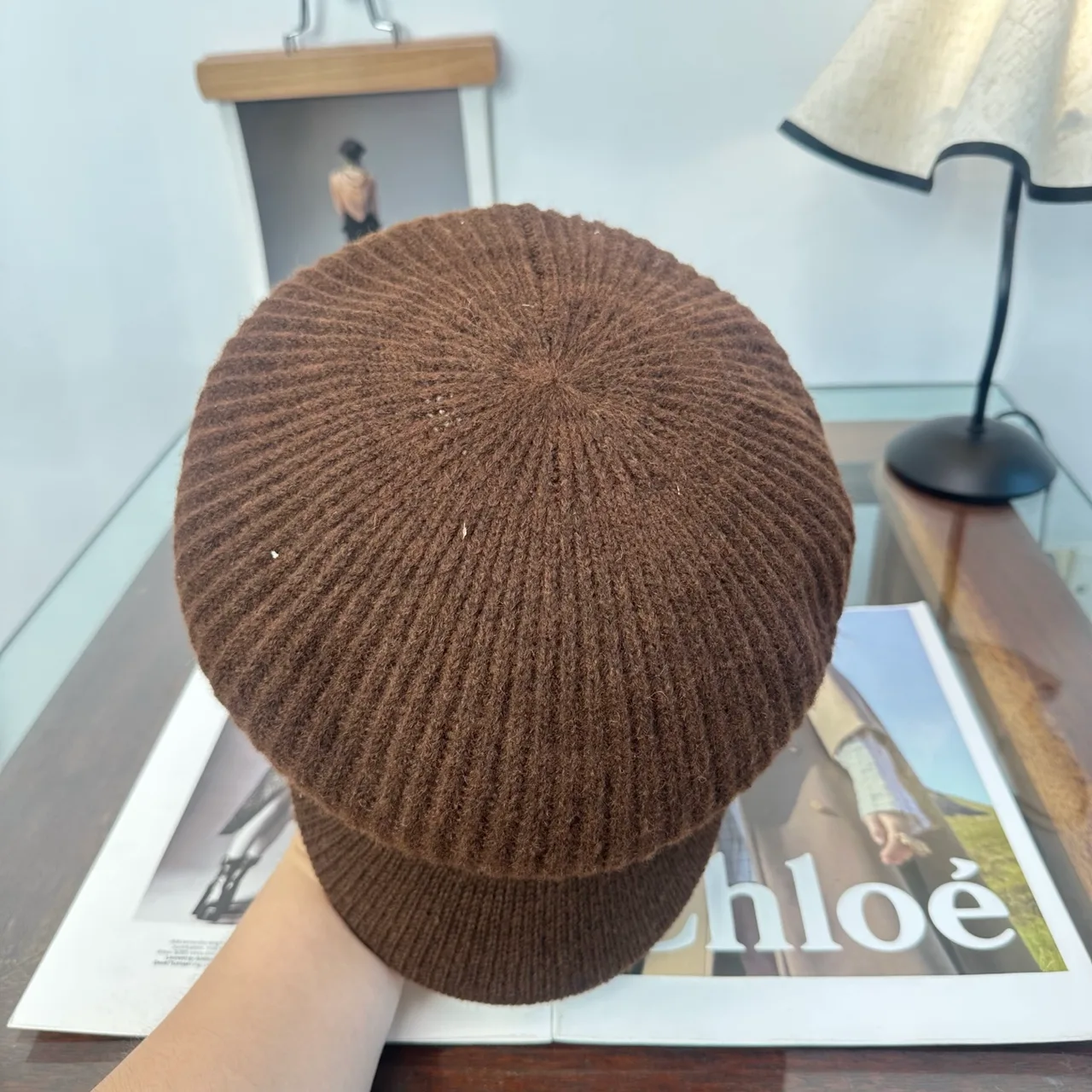 Miu Miu Ribbed Knit Brimmed Cap in Brown · view 8