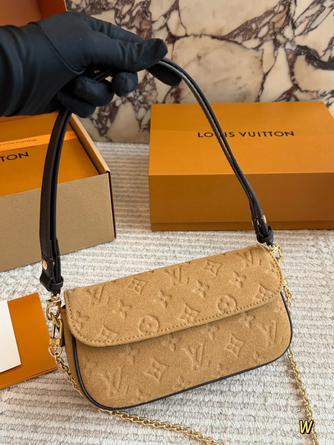 Louis Vuitton Suede Monogram Clutch in Tan · view 6