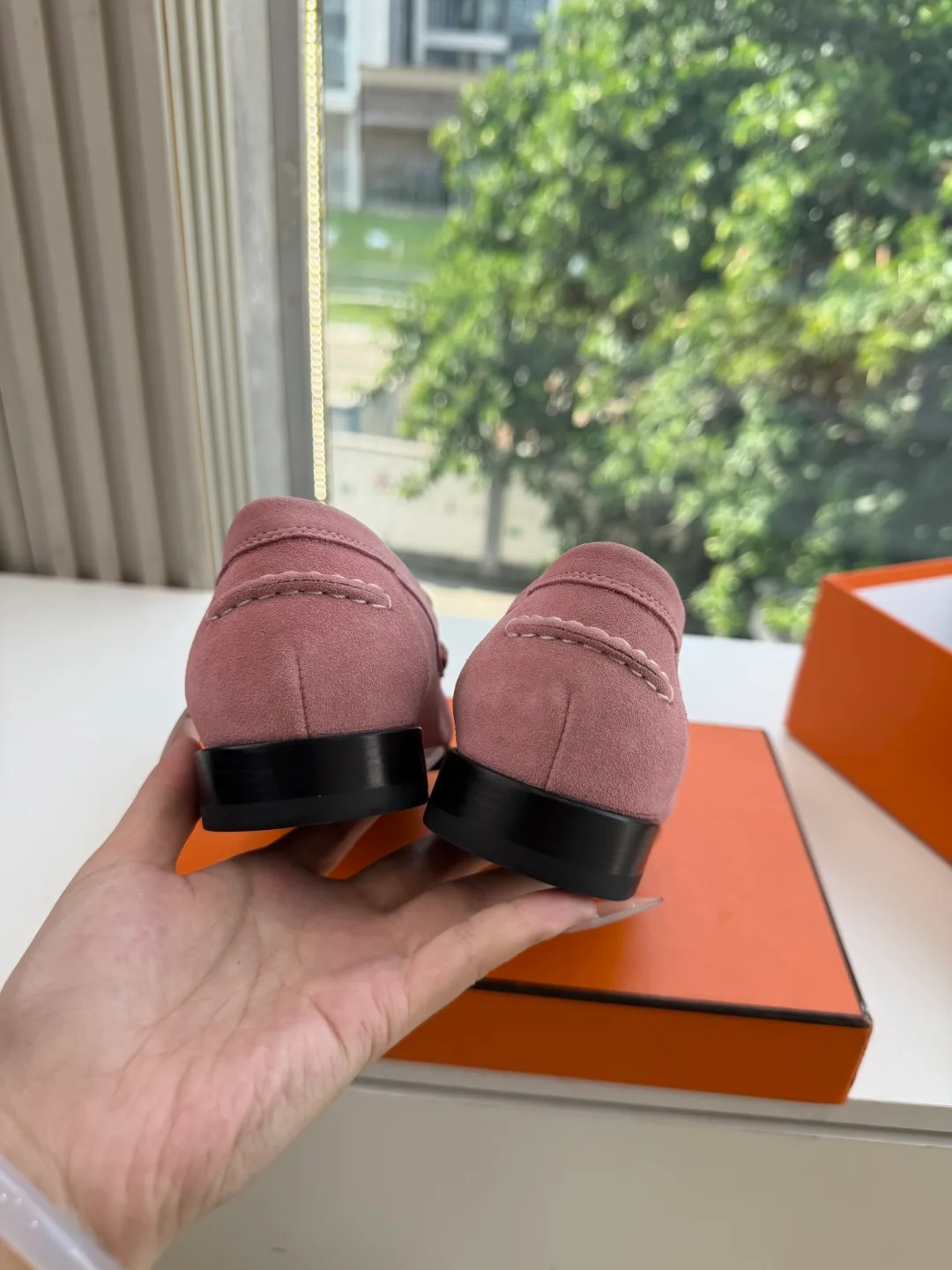 Hermes Calfskin Glossy Suede-Look Loafers in Pink · view 7