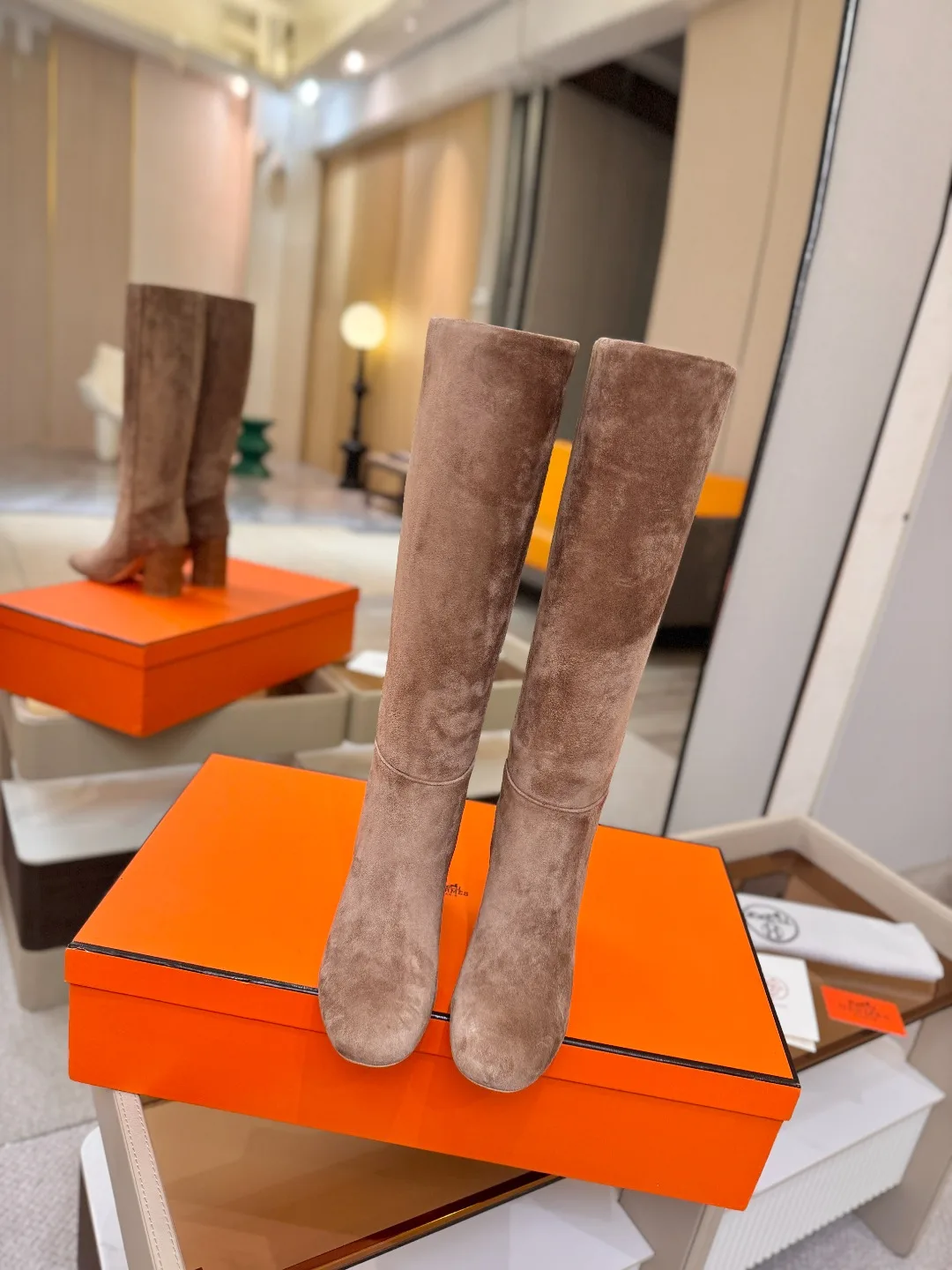 Hermes Cowhide Knee-High Boots in Grey · view 4