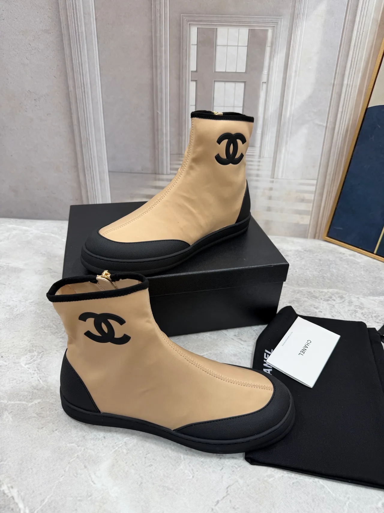 Chanel Cowhide Glossy Ankle Boots in Beige · view 6