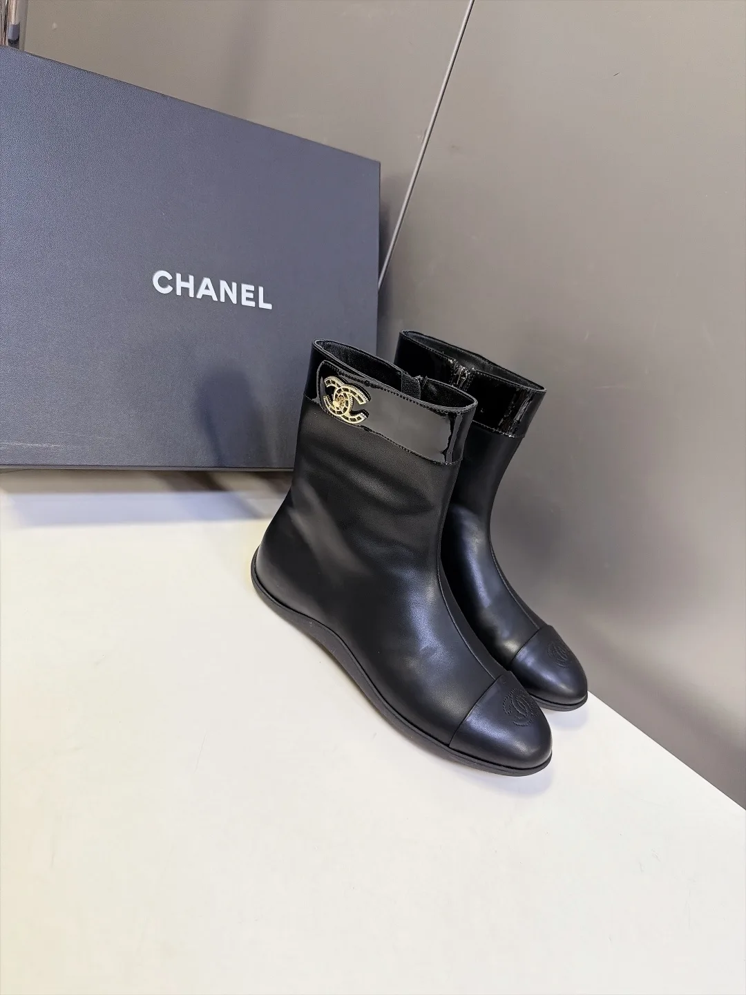 Chanel Calfskin Glossy Pointed-Toe Ankle Boots in Black · view 2