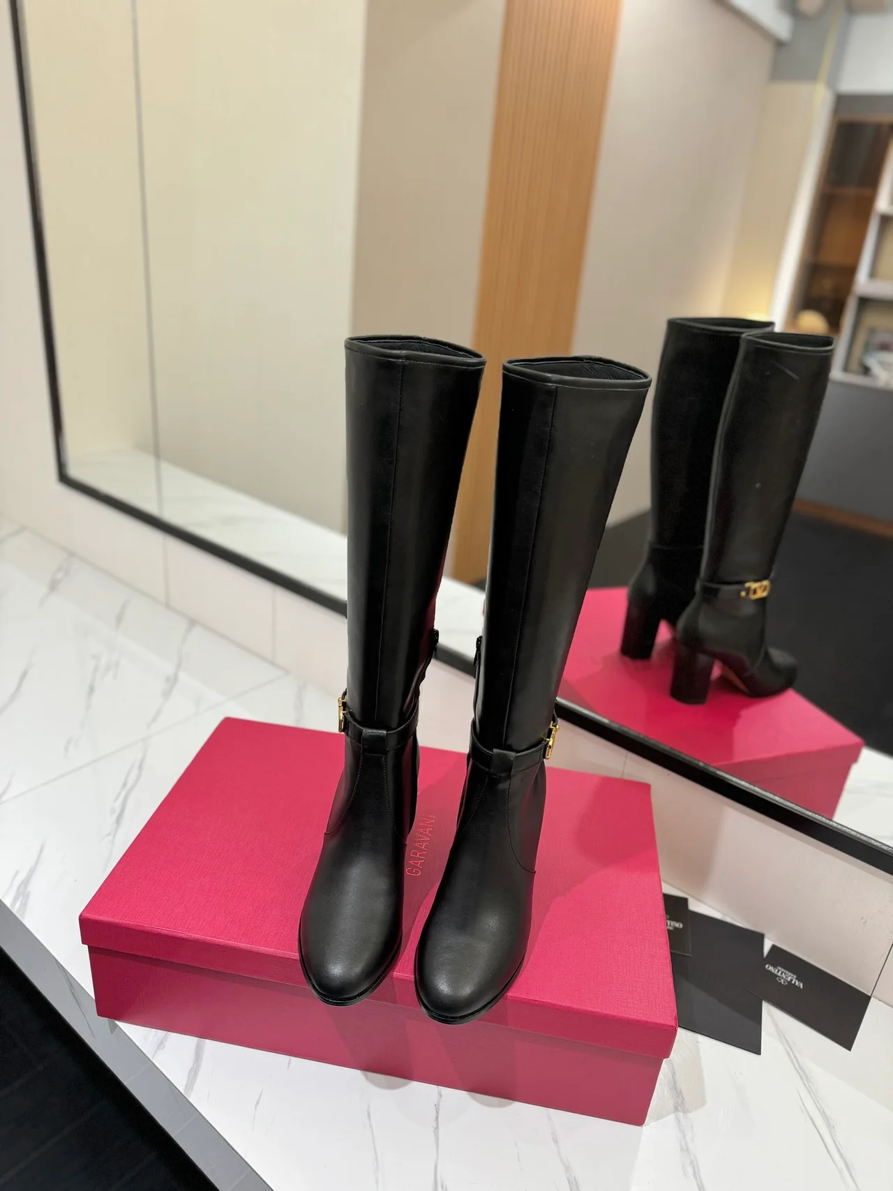 Valentino Calfskin Glossy Buckle Knee-High Boots in Black · view 3