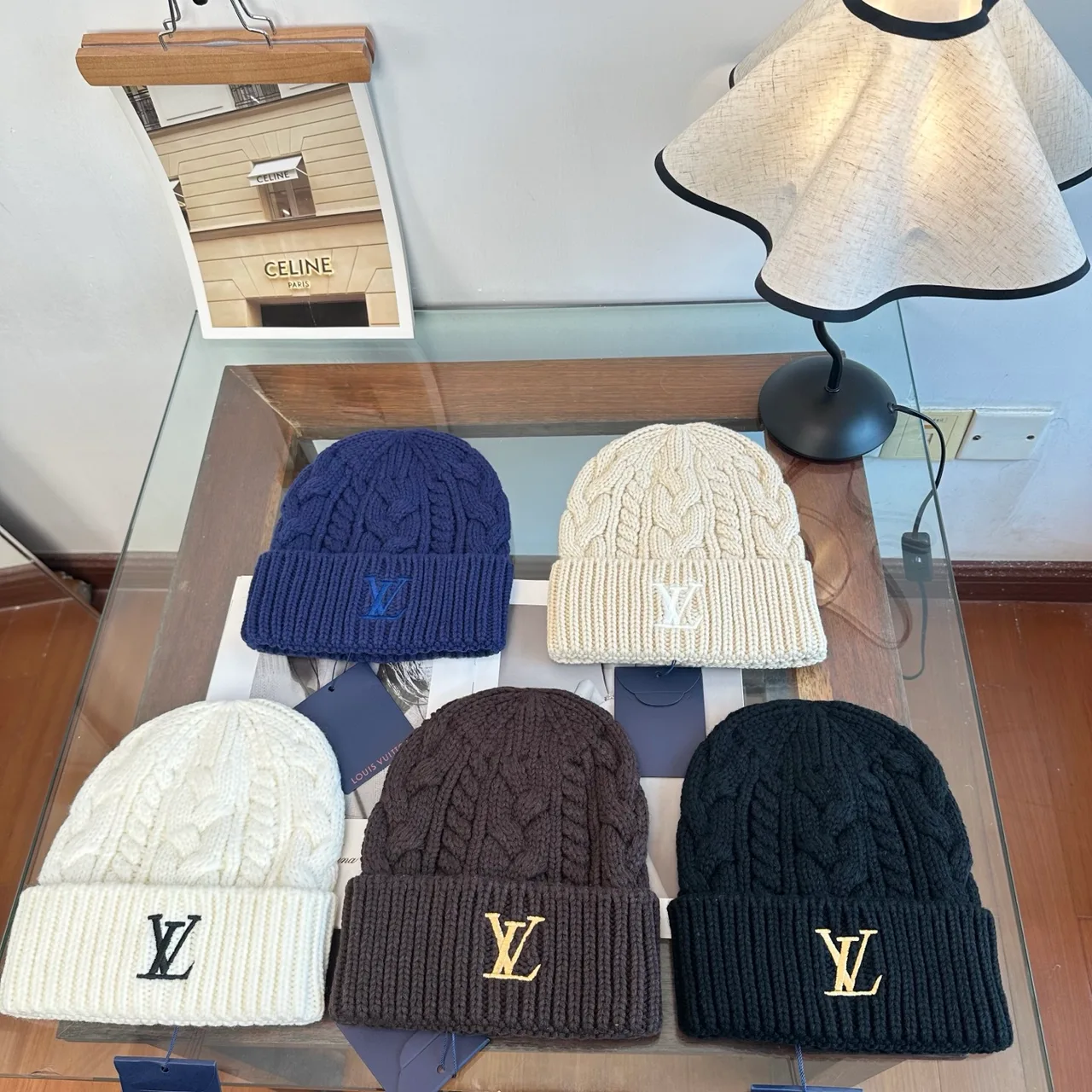 Louis Vuitton Cable-Knit Beanie in Blue & Beige & White & Brown & Black · view 1