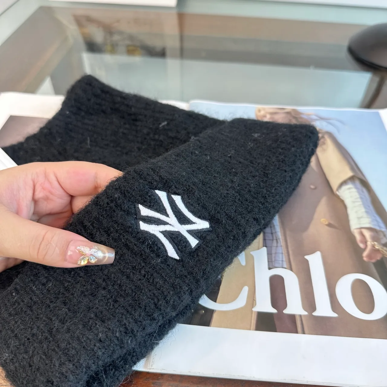 NY Letter Fuzzy Knit Beanie in Black · view 8
