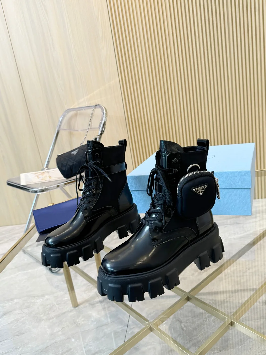 Prada Cowhide Glossy Lace-Up Ankle Boots in Black · view 2