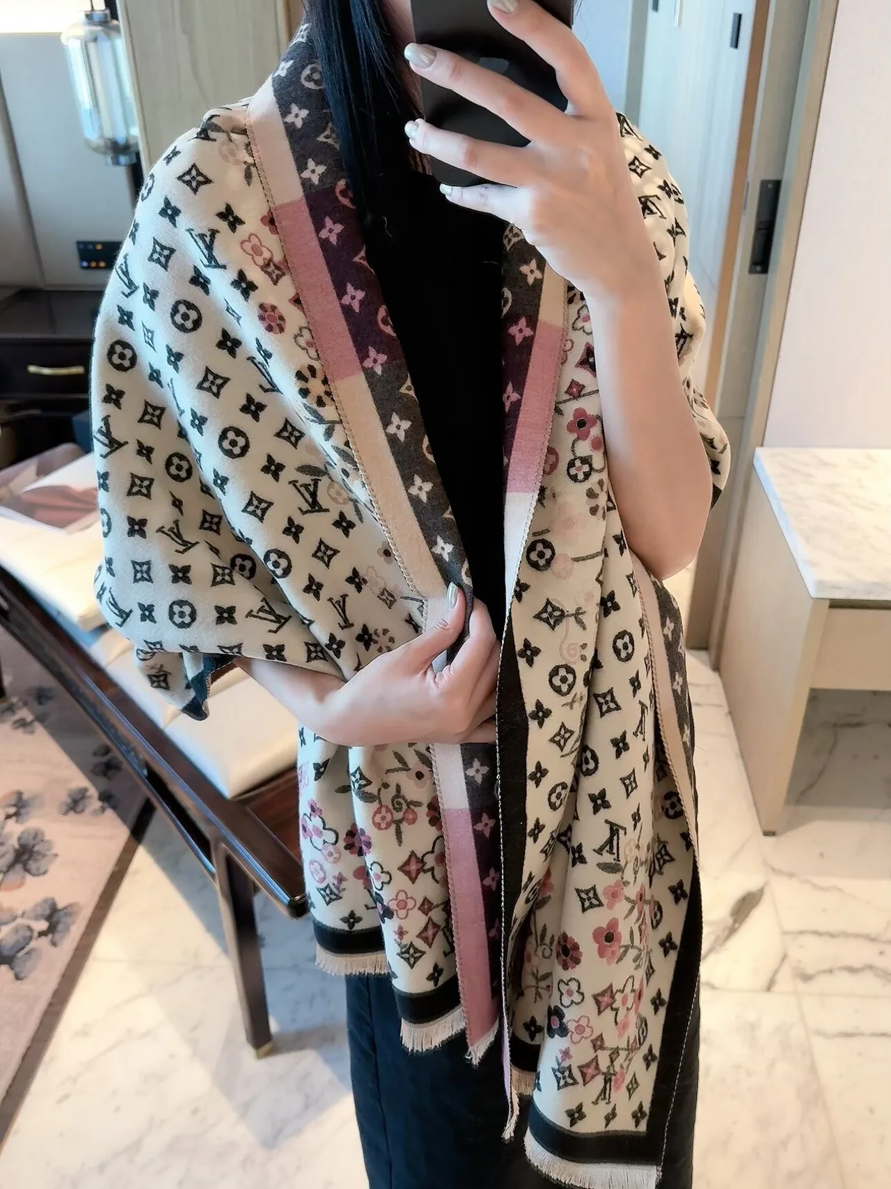 Louis Vuitton Floral Monogram Scarf in Pink & Cream · view 7